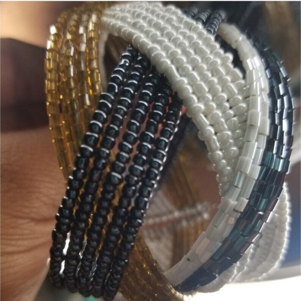 VTG White, Gold, Black Tone Bracelet Twisted Beaded Cuff Band Wide Retro Bangle - Picture 4 of 5